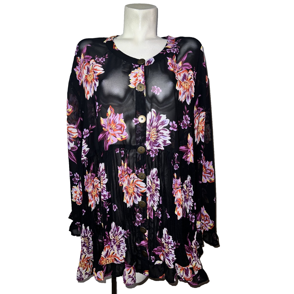 Terra & Sky Top Size 3X 24W-28W Floral Ruffle Trim 3/4 Sleeve Boho Peasant Tunic